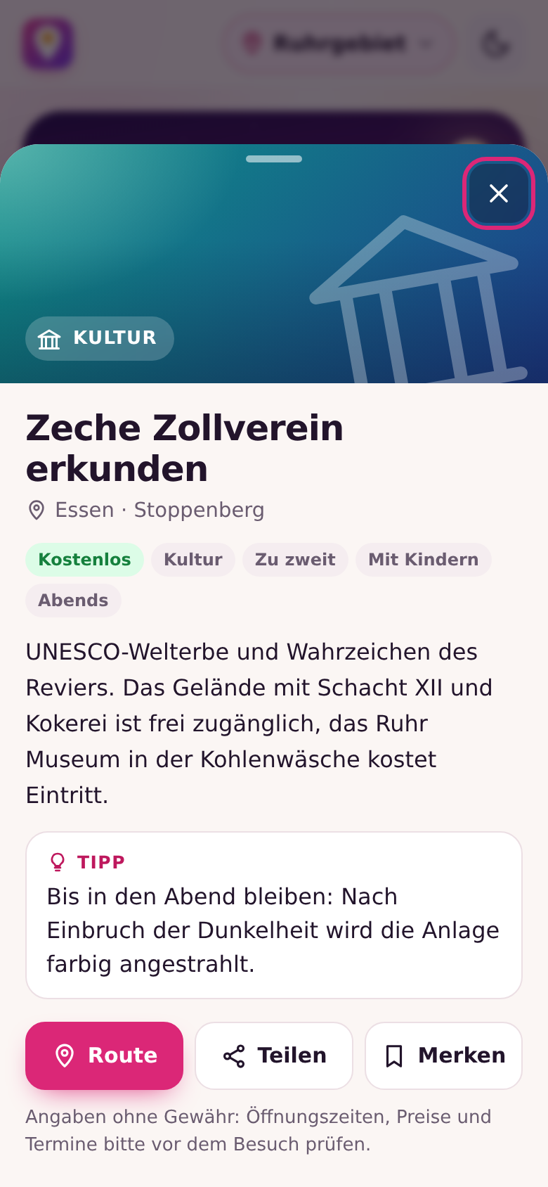 Detailansicht Zeche Zollverein mit Beschreibung, Tipp und den Knöpfen Route, Teilen und Merken