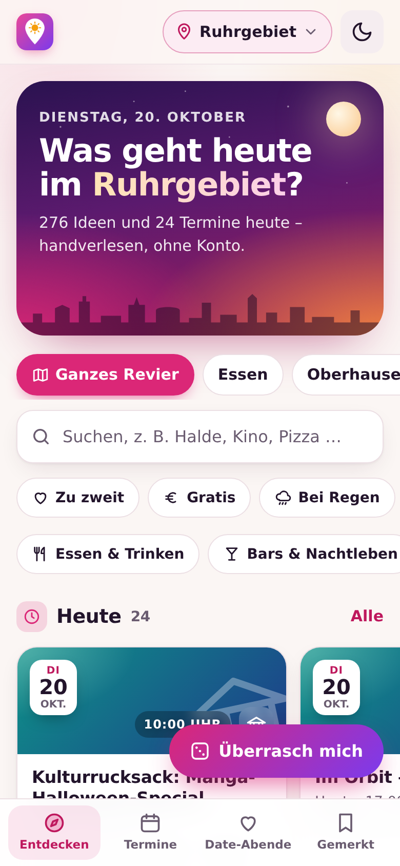 Startseite der Web-App: „Was geht heute im Ruhrgebiet?“, Städte-Auswahl, Suche und Filter, darunter die Termine von heute