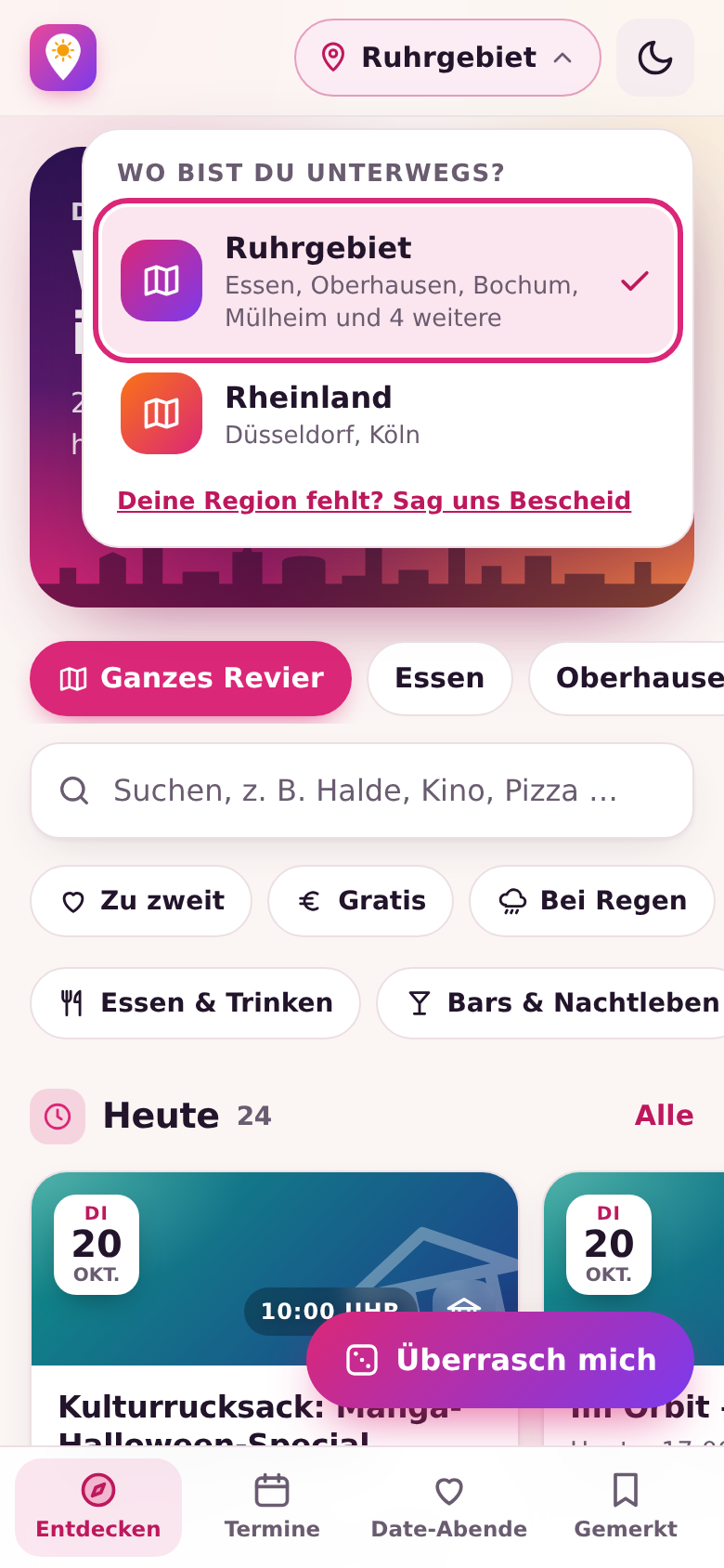Region-Auswahl der Web-App: Ruhrgebiet und Rheinland mit ihren Städten