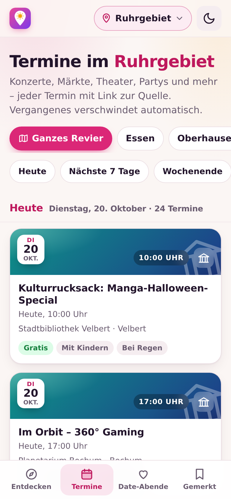 Termine nach Tagen mit klebenden Tagesköpfen, Auswahl nach Stadt und Zeitraum